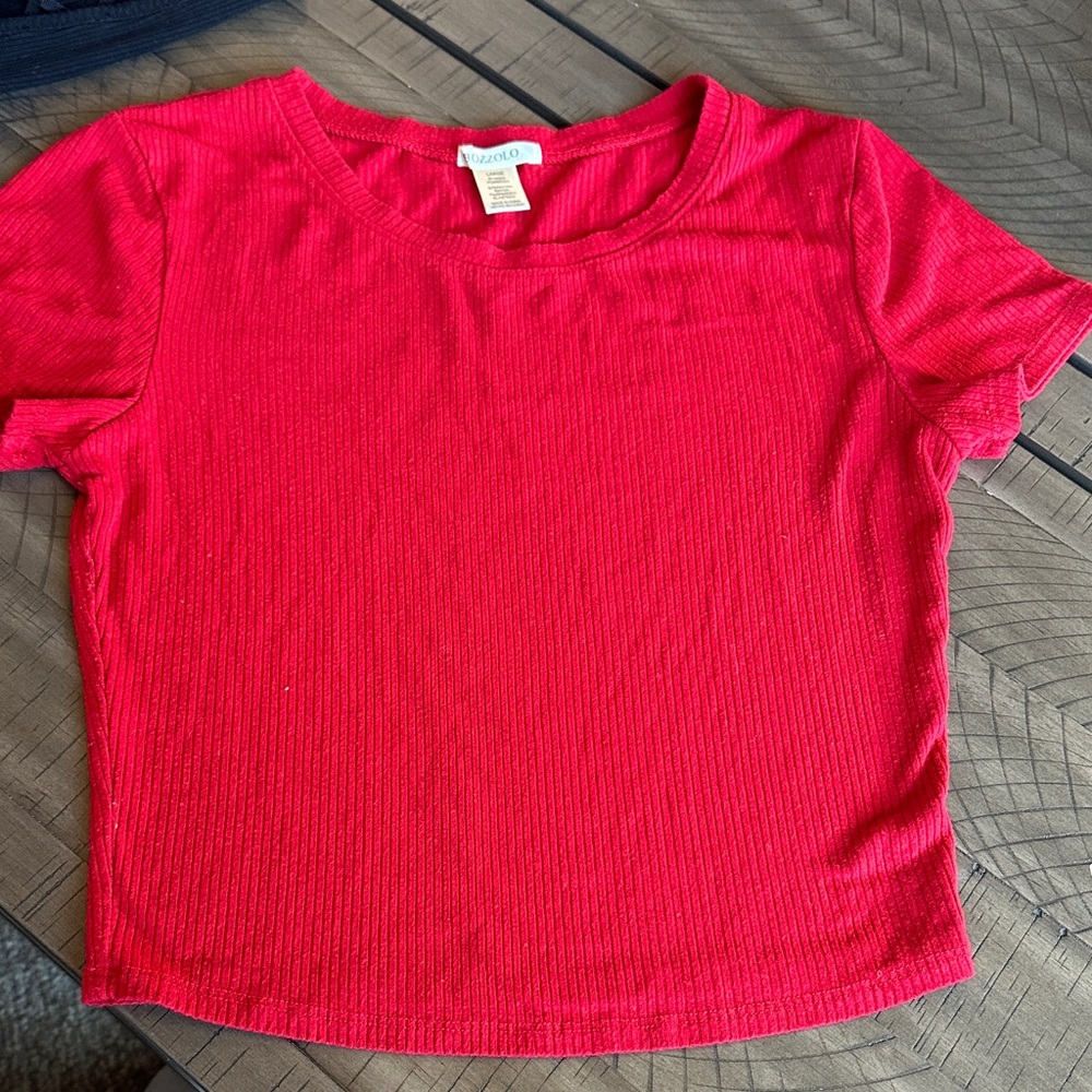 Bozzolo Red Ribbed Short Sleeve Top Cropped